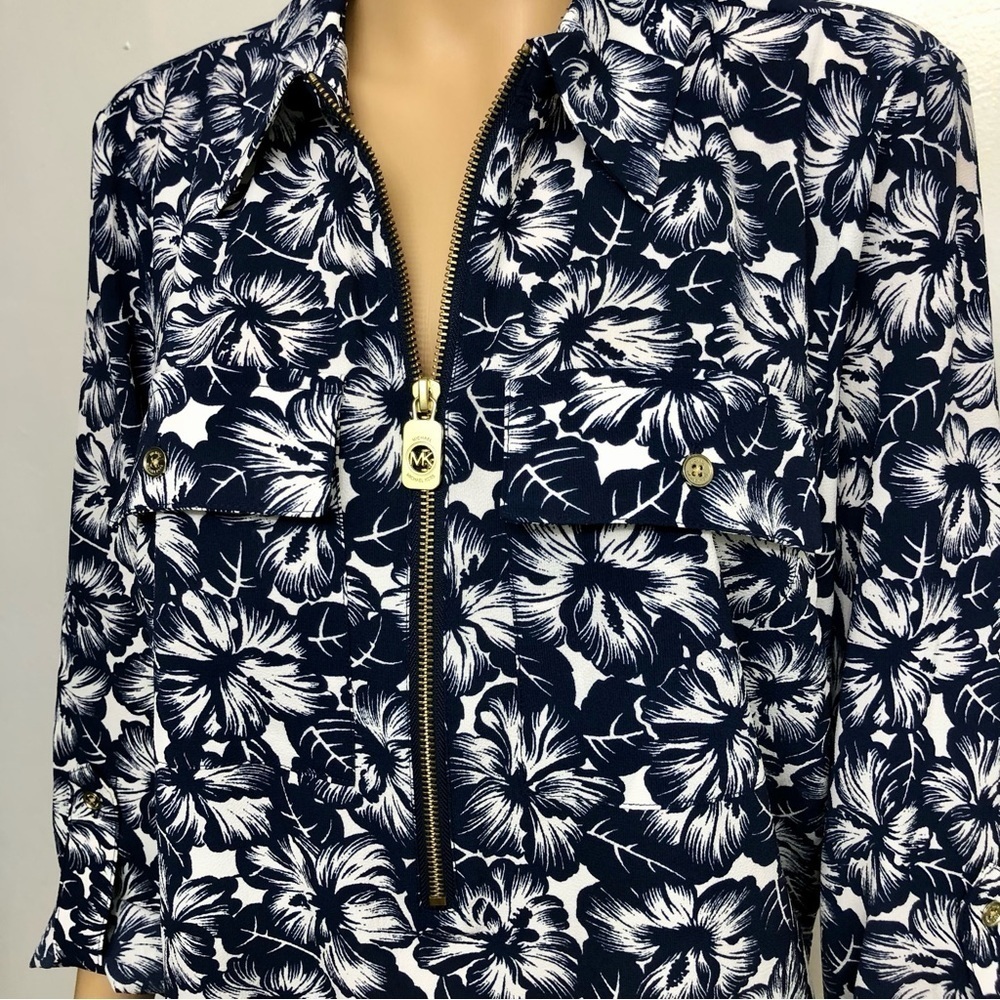 MICHAEL KORS Long Roll-tab Sleeve Floral Blue Hibiscus Tunic Top Blouse Size L - Picture 4 of 14